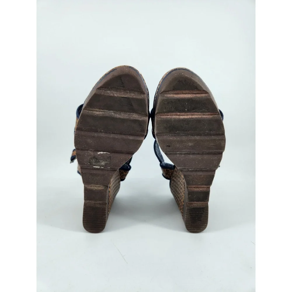 Skechers Wedge Sandals Women 9‎ Blue Denim Brown Woven Platform 38268